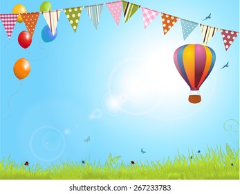 Spring Landscape Background with Air Balloon and Bunting