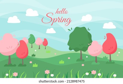 Spring landscape background. with beautiful trees and flowers, hills and field. Vector illustration. Hello springtime