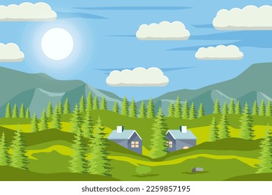 ilustración de fondo del paisaje primaveral con montaña, casa y árbol