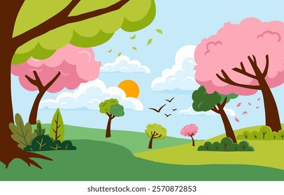 Spring landscape background with mountain and tree  for horizontal design