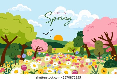 Spring landscape background with mountain and tree  for horizontal design