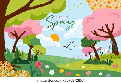 Spring landscape background with mountain and tree  for horizontal design