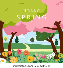 Spring landscape background with mountain and tree  for square design