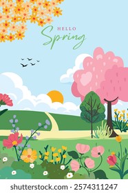 Spring landscape background with mountain and tree  for a4 vertical design