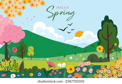 Spring landscape background with mountain and tree  for horizontal design