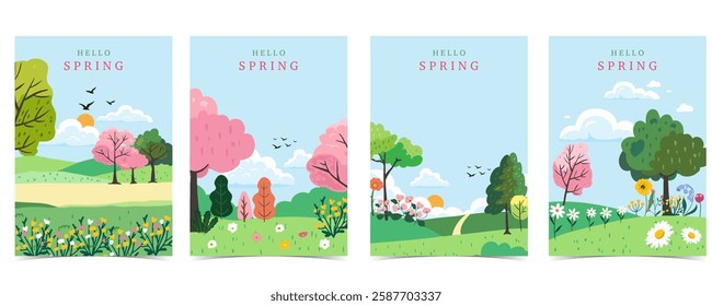 Spring landscape background with mountain and tree  for a4 vertical design