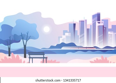 Spring landscape background. Public park in the city. Vector illustration.