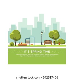 Spring Landscape Background. Public Park In The City With Children Playground. Vector Illustration.