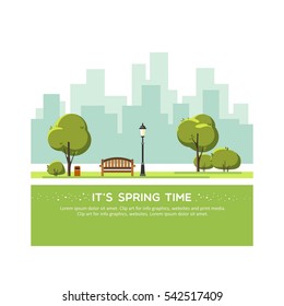 Spring Landscape Background. Public Park In The City. Vector Illustration.