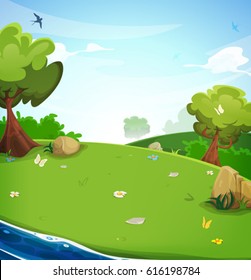 Spring Landscape Background With River/
Illustration of a cartoon spring or summer season landscape with blue river