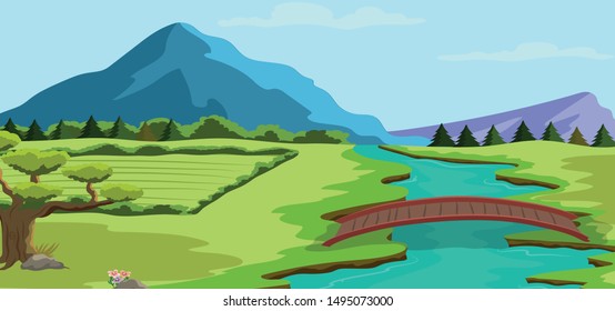 Spring landscape background with a river and mountains and vegetation
