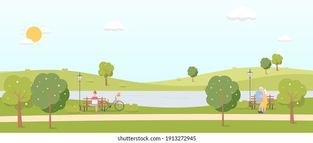 spring landscape background, a senior couple sitting on the bench, vector illustration