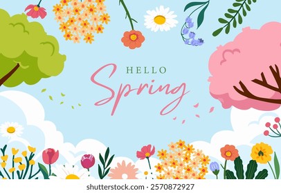 Spring landscape background with sky and tree  for horizontal design