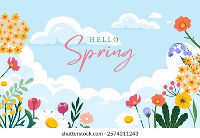 Spring landscape background with sky and tree  for horizontal design