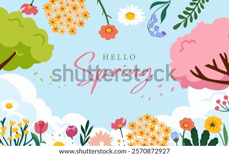 Spring landscape background with sky and tree  for horizontal design