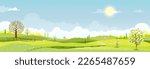 Spring landscape background,Cute Village with meadow, rural road on hill, blue sky ,could in sunny,Vector cartoon horizon Summer landscape, Panoramic countryside with mountains with wild flowers field