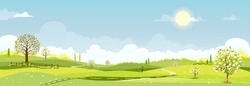 Spring Landscape Background,Cute Village With Meadow, Rural Road On Hill, Blue Sky ,could In Sunny,Vector Cartoon Horizon Summer Landscape, Panoramic Countryside With Mountains With Wild Flowers Field