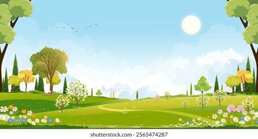 Spring landscape background,Cute Village with meadow, rural road on hill, blue sky ,could in sunny,Vector cartoon horizon Summer landscape, Panoramic countryside with mountains with wild flowers field