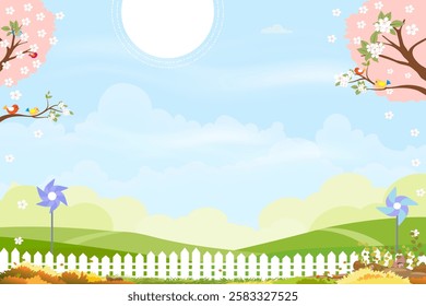 Spring landscape background,Cute Village with meadow, rural road on hill, blue sky ,could in sunny,Vector cartoon horizon Summer landscape, Panoramic countryside with mountains with wild flowers field