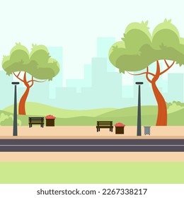 Spring landscape background.Forest landscape with buildings scene.