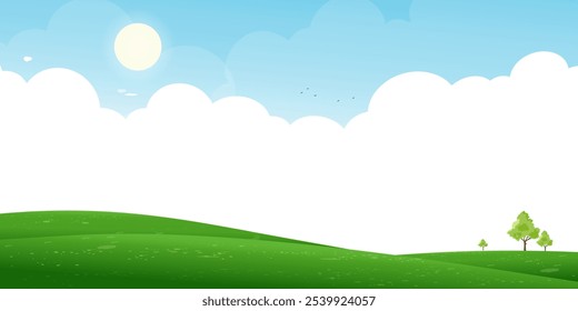 Fondo del paisaje de la primavera, campo panorámico con el cielo azul, podría en soleado sobre las montañas con el campo verde de la hierba, pueblo lindo con el prado, camino rural en la colina, horizonte de la historieta del Vector