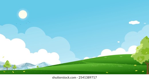 Frühlingslandschaft Hintergrund, Panorama-Landschaft mit blauem Himmel, könnte in sonnigen Bergen mit grünem Grasfeld, Niedliches Dorf mit Wiese, Landstraße auf Hügel, Vektorgrafik Horizont Sommerlandschaft