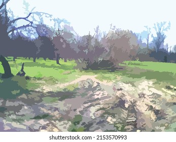Spring landscape for backgrounds or textures. Rural landscape on a sunny day for interior solutions, fabric products, textiles, etc. Bright greens, trees, wet ground for your compositions