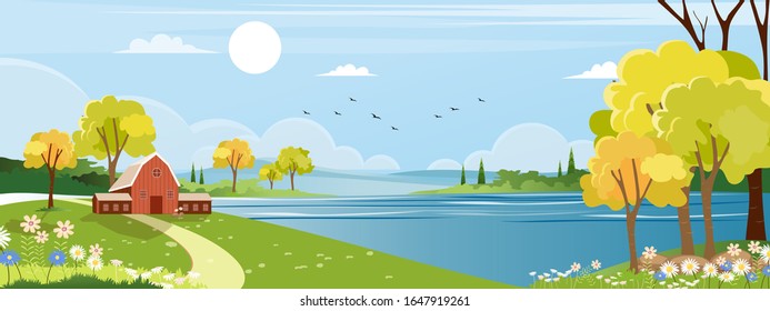 Spring landscape Background,Vector cute cartoon Nature scene countryside with Blue sky cloud,Wood barn on farm field,Panorama Summer season with flower in garden,green grass on mountain 