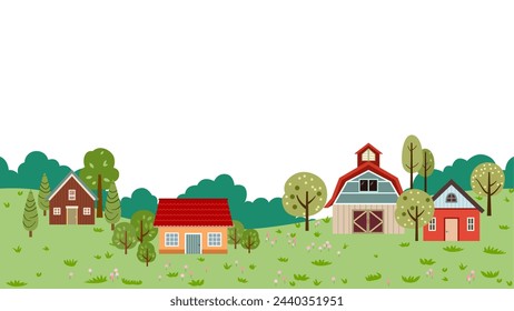Spring landscape barn farm, house, meadow and trees flat design style collection. countryside panoramic copy space for nature banner background seamless