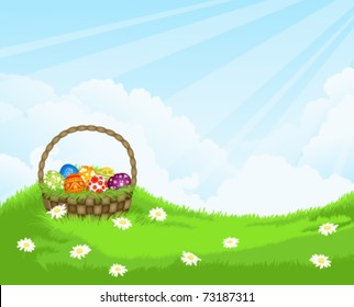 spring landscape  with  basket with Easter eggs