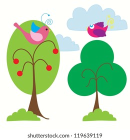 Spring landscape with beautiful colored birds, vector illustration.