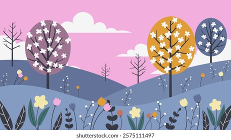 Spring landscape with beautiful flower. Vector illustration. Seasonal background