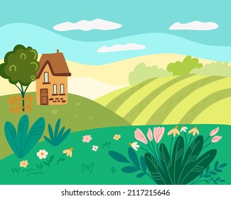 Spring landscape. Beautiful Rural landscape with a house, fields and flowers.  Background for banner, greeting card, poster and advertising. Vector cartoon illustration.