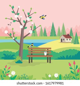 Spring landscape with bench, flourishing tree, house, fields and nature. Cute vector illustration in flat style