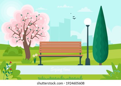 Spring landscape with bench in the park and a flowering tree. Vector illustration in flat style