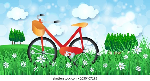 Spring landscape with bicycle and woods, vector illustration eps10