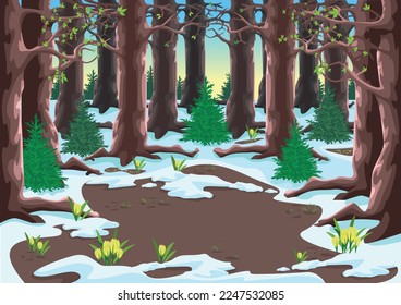 Spring landscape with big trees, forest, melting snow and first flowers. Spring forest and melting snow. Beautiful spring background illustration. Vector