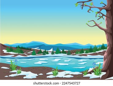 Spring landscape with big trees, river, forest, melting snow and first flowers. Ice drift on the river. Beautiful spring background illustration. Vector