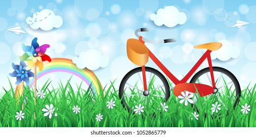 Spring landscape with bike and pinwheels, vector illustration eps10