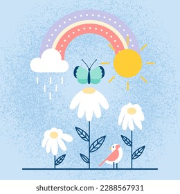Spring landscape. Landscape with bird, daisy flowers, rainbow, butterfly, rain and sun. Changing weather. Vector illustration, flat design