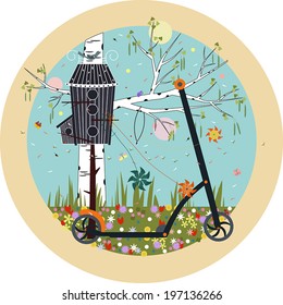 Spring landscape with birdhouse and scooter