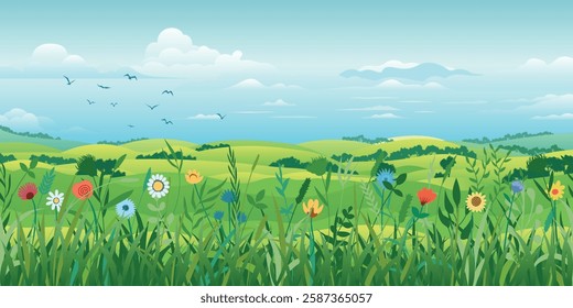 Spring landscape, blooming meadow and green hills, blue sky and flock of birds, vector illustration