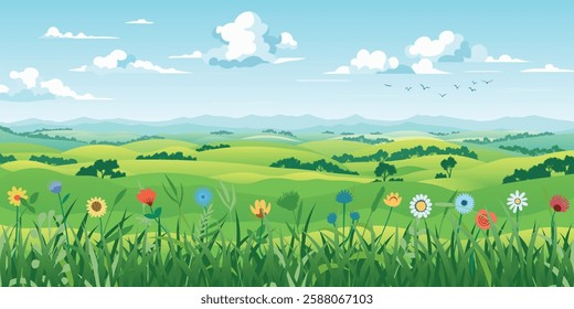 Spring landscape, blooming meadow and green hills, blue sky and flock of birds, vector illustration