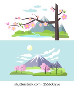 Spring landscape with blooming Sakura and mountains in flat style