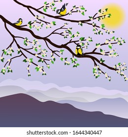 Spring landscape with blooming tree and birds in flat style.