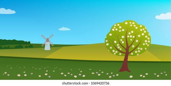 Spring landscape with blooming tree and mill on background