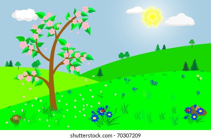 Spring landscape with the blooming tree. Vector illustration.