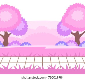 Spring landscape with blooming trees, vector illustration.