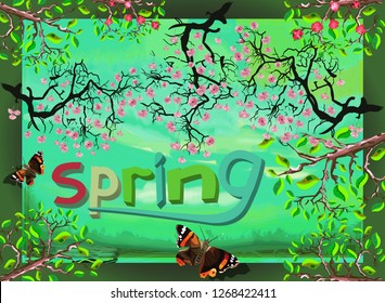 Spring landscape with blossom branches