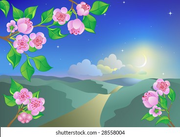 Spring landscape with blossom branches in moonlight night. Vector.